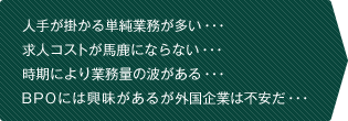 人手が掛かる単純業務が多い/求人コストが馬鹿にならない/時期により業務量の波がある/BPOには興味があるが外国企業は不安だ